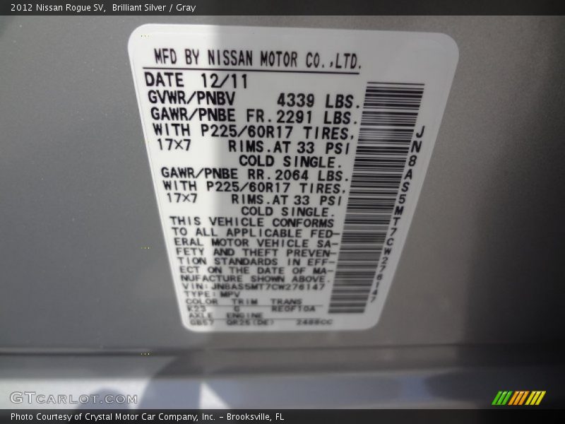 Brilliant Silver / Gray 2012 Nissan Rogue SV