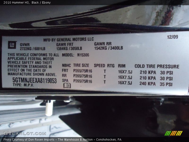 Black / Ebony 2010 Hummer H3