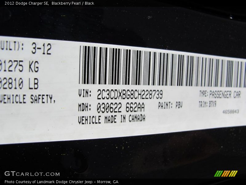2012 Charger SE Blackberry Pearl Color Code PBV