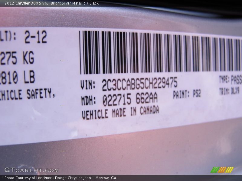 Bright Silver Metallic / Black 2012 Chrysler 300 S V6