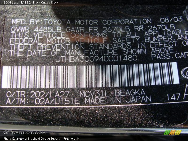 Black Onyx / Black 2004 Lexus ES 330