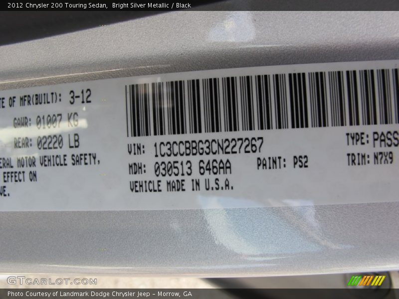 Bright Silver Metallic / Black 2012 Chrysler 200 Touring Sedan