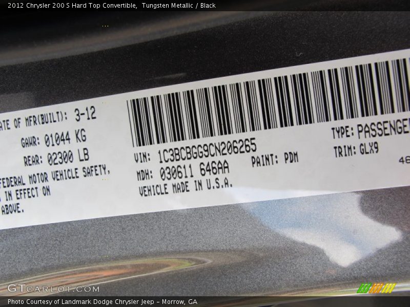 2012 200 S Hard Top Convertible Tungsten Metallic Color Code PDM