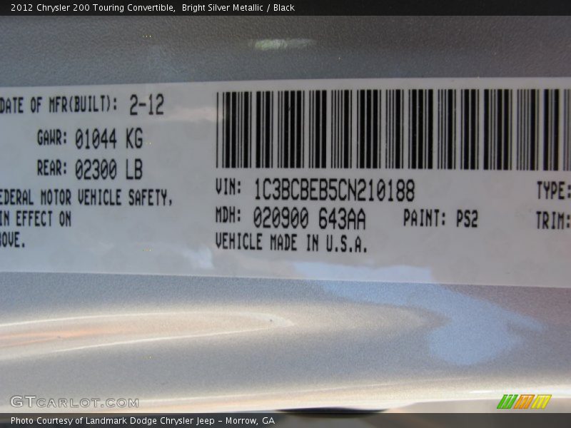 2012 200 Touring Convertible Bright Silver Metallic Color Code PS2
