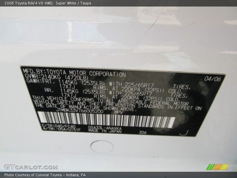 2006 RAV4 V6 4WD Super White Color Code 040