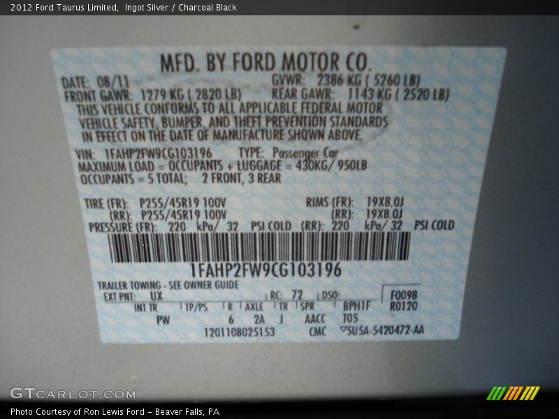 Ingot Silver / Charcoal Black 2012 Ford Taurus Limited
