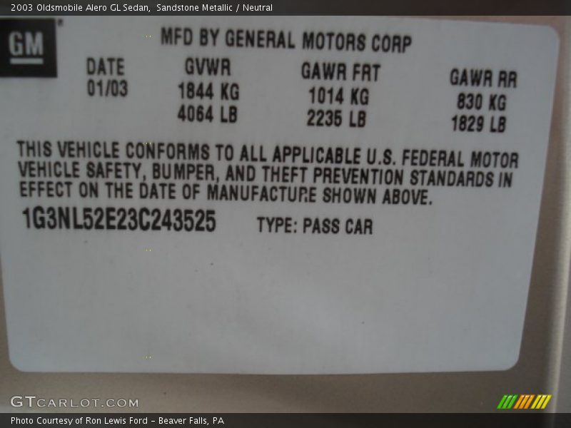 Sandstone Metallic / Neutral 2003 Oldsmobile Alero GL Sedan