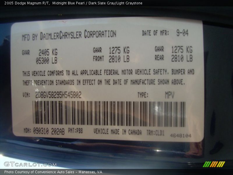 Midnight Blue Pearl / Dark Slate Gray/Light Graystone 2005 Dodge Magnum R/T