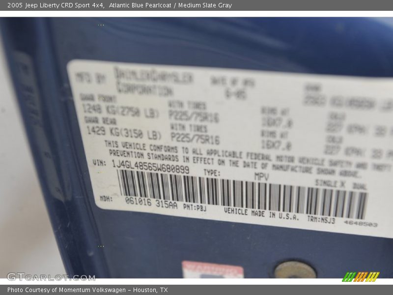 2005 Liberty CRD Sport 4x4 Atlantic Blue Pearlcoat Color Code PBJ