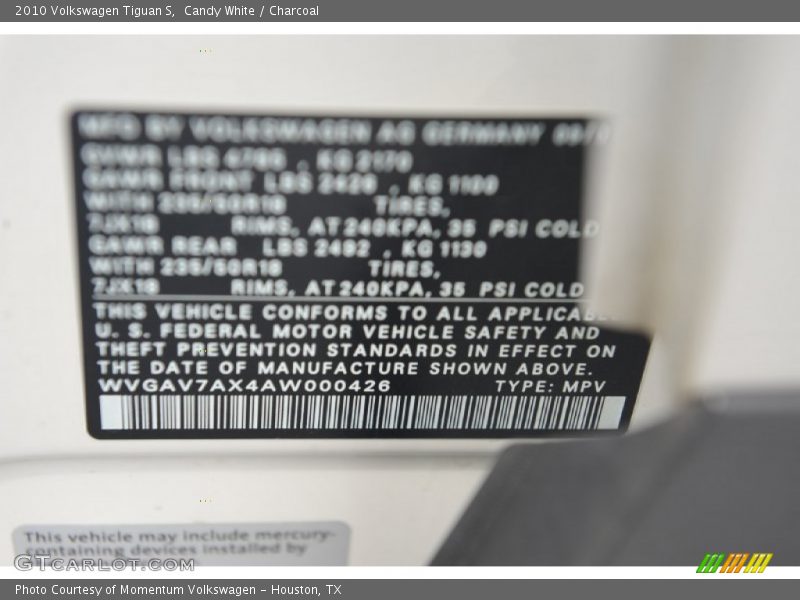 Candy White / Charcoal 2010 Volkswagen Tiguan S