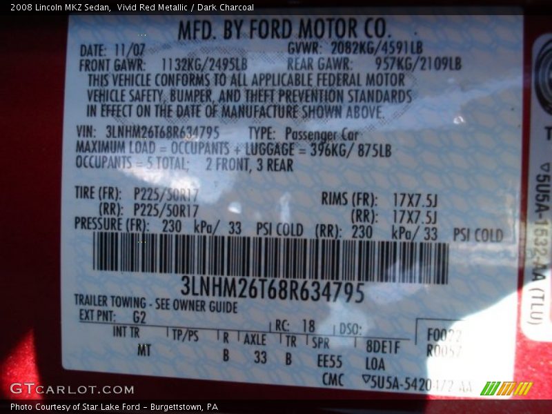 Vivid Red Metallic / Dark Charcoal 2008 Lincoln MKZ Sedan