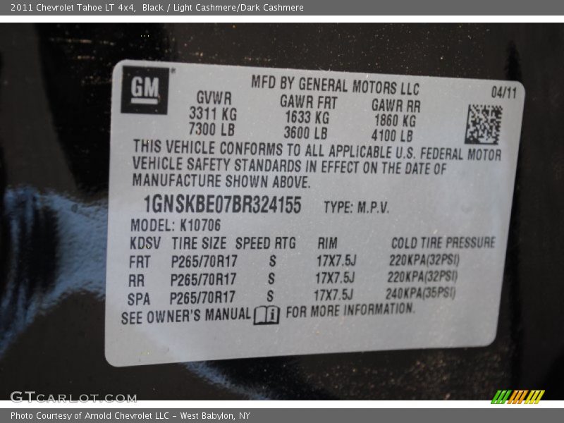 Black / Light Cashmere/Dark Cashmere 2011 Chevrolet Tahoe LT 4x4