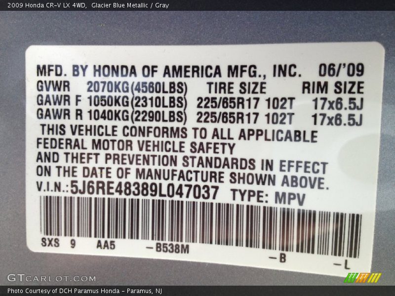 2009 CR-V LX 4WD Glacier Blue Metallic Color Code B538M