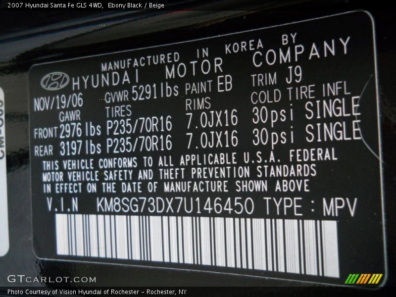 2007 Santa Fe GLS 4WD Ebony Black Color Code EB