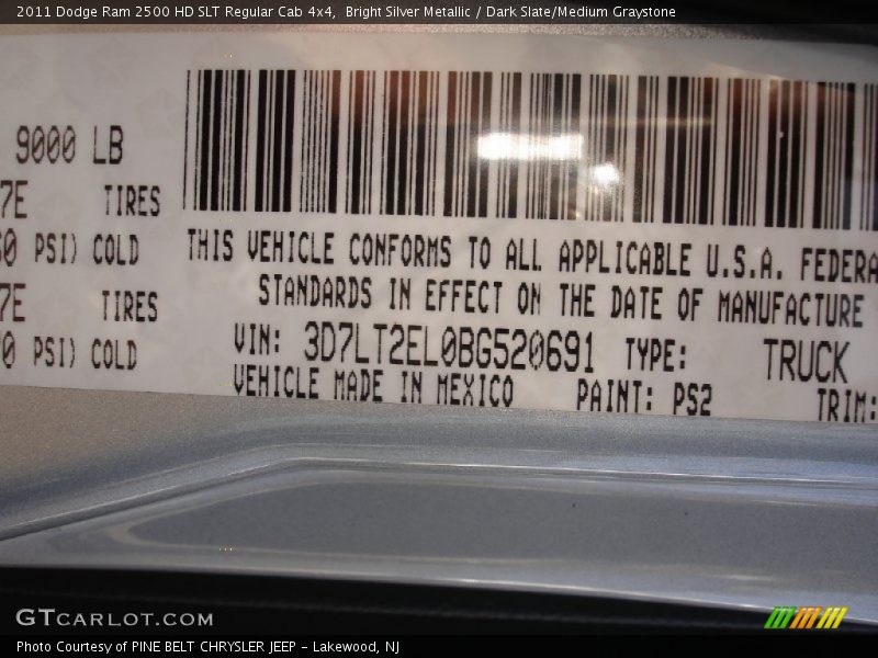 2011 Ram 2500 HD SLT Regular Cab 4x4 Bright Silver Metallic Color Code PS2