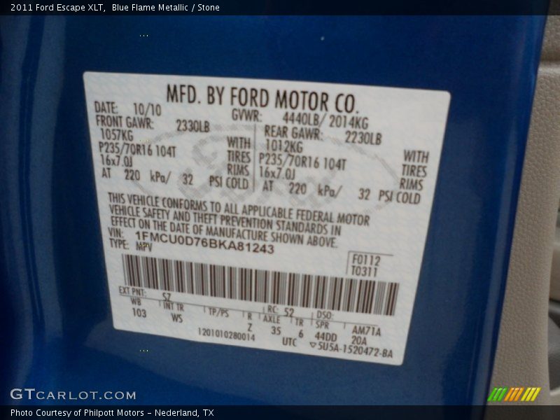 2011 Escape XLT Blue Flame Metallic Color Code SZ