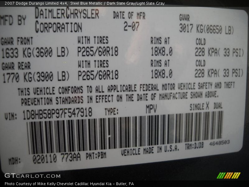 2007 Durango Limited 4x4 Steel Blue Metallic Color Code PBM