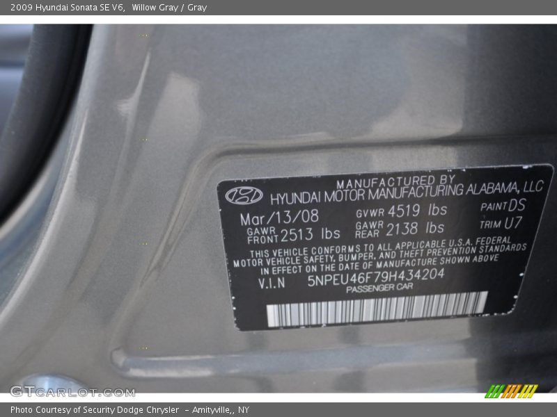 Willow Gray / Gray 2009 Hyundai Sonata SE V6