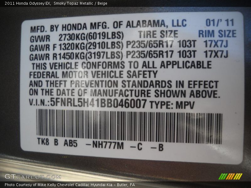 2011 Odyssey EX Smoky Topaz Metallic Color Code NH777M