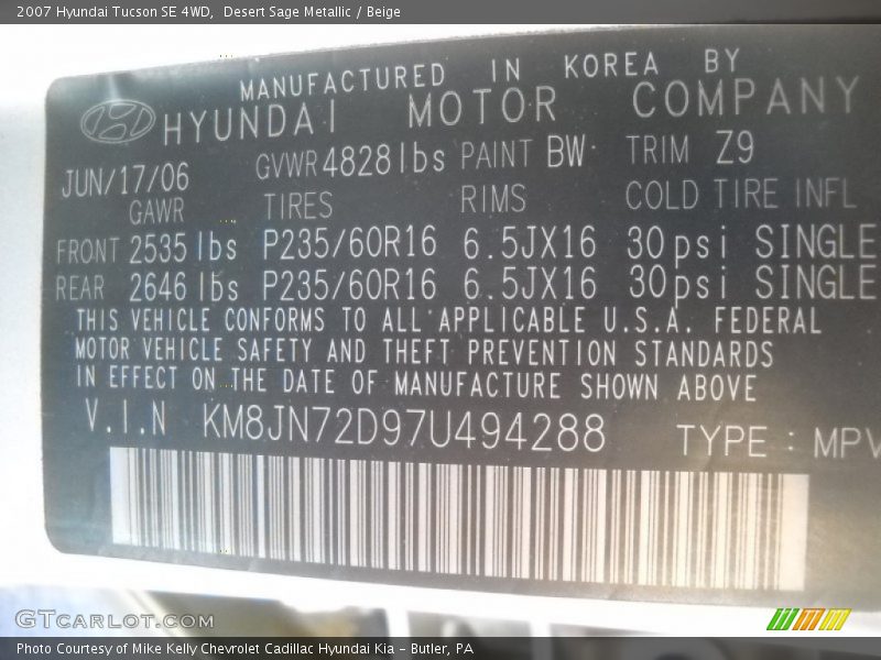 2007 Tucson SE 4WD Desert Sage Metallic Color Code BW