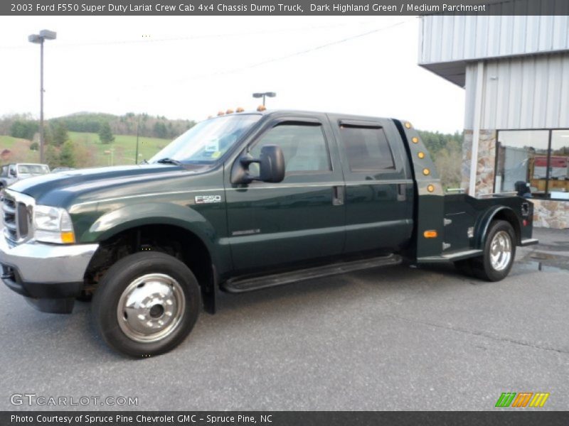 Dark Highland Green / Medium Parchment 2003 Ford F550 Super Duty Lariat Crew Cab 4x4 Chassis Dump Truck