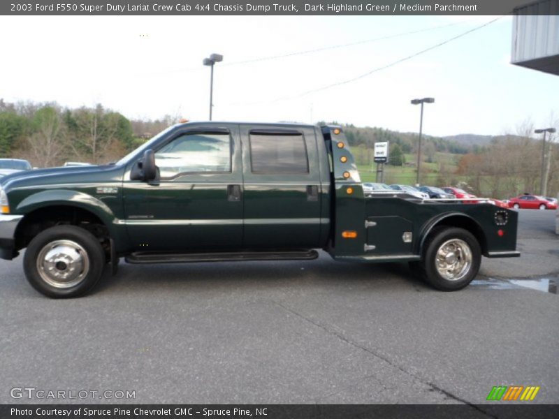 Dark Highland Green / Medium Parchment 2003 Ford F550 Super Duty Lariat Crew Cab 4x4 Chassis Dump Truck