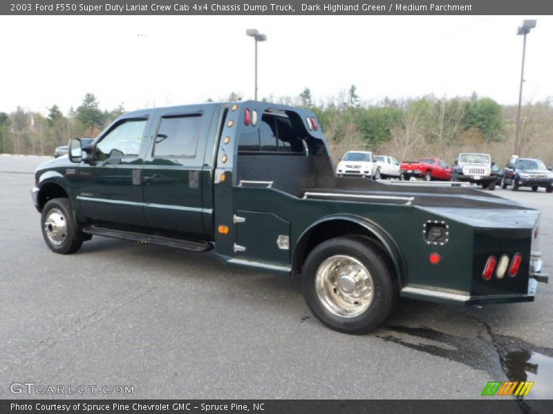 Dark Highland Green / Medium Parchment 2003 Ford F550 Super Duty Lariat Crew Cab 4x4 Chassis Dump Truck