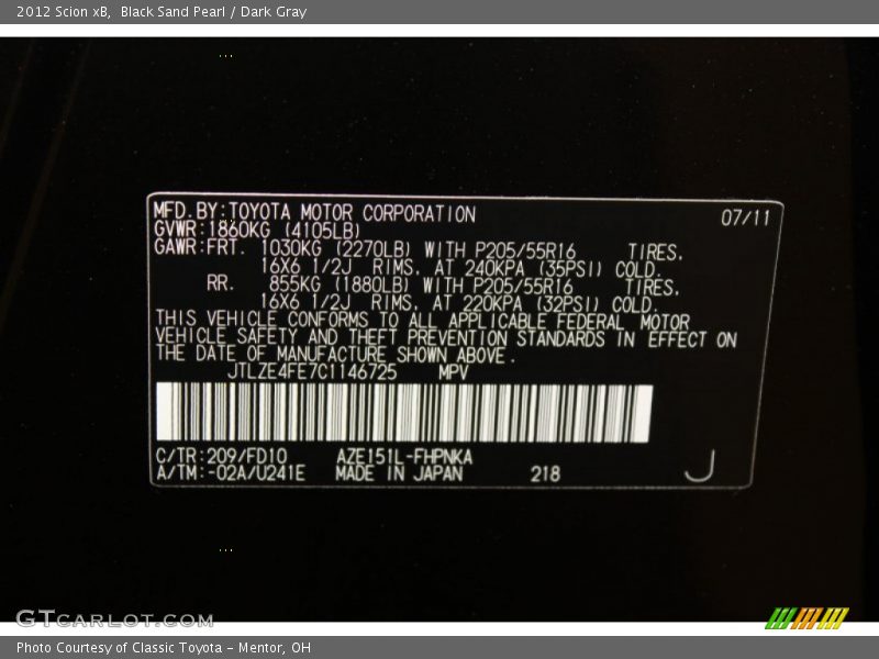 2012 xB  Black Sand Pearl Color Code 209