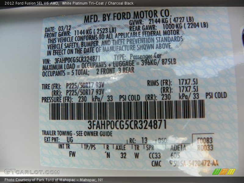 White Platinum Tri-Coat / Charcoal Black 2012 Ford Fusion SEL V6 AWD