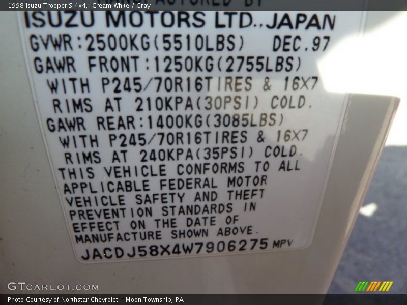 Cream White / Gray 1998 Isuzu Trooper S 4x4