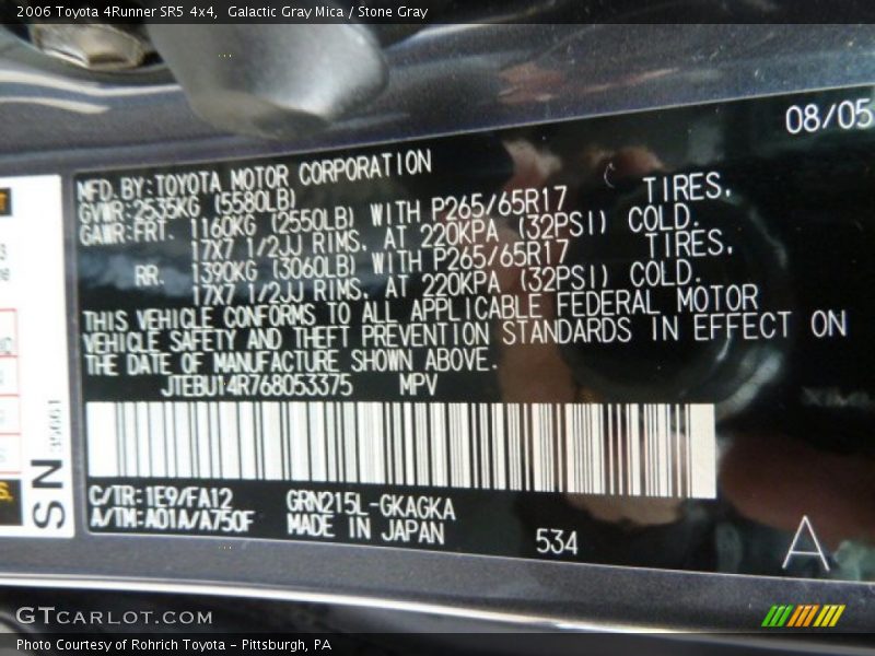 2006 4Runner SR5 4x4 Galactic Gray Mica Color Code 1E9