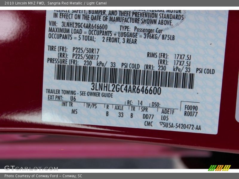 2010 MKZ FWD Sangria Red Metallic Color Code U6