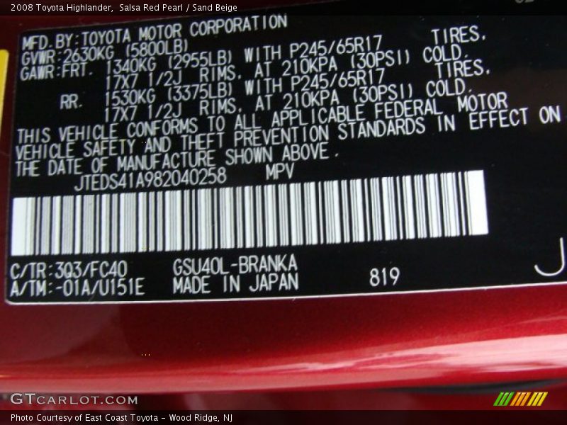 2008 Highlander  Salsa Red Pearl Color Code 3Q3