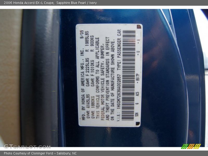 2006 Accord EX-L Coupe Sapphire Blue Pearl Color Code B517P