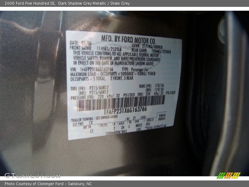 2006 Five Hundred SE Dark Shadow Grey Metallic Color Code CX