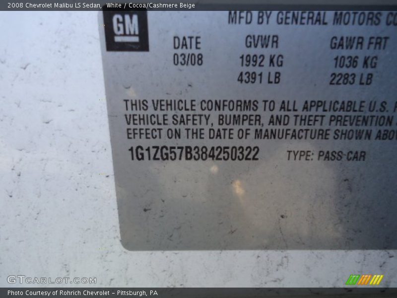 White / Cocoa/Cashmere Beige 2008 Chevrolet Malibu LS Sedan