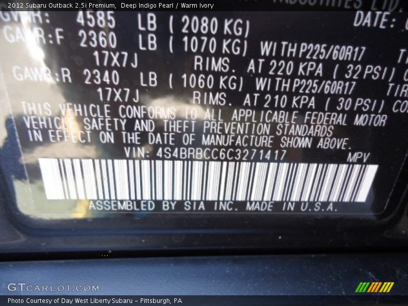 Deep Indigo Pearl / Warm Ivory 2012 Subaru Outback 2.5i Premium