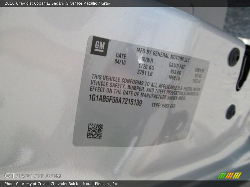 Silver Ice Metallic / Gray 2010 Chevrolet Cobalt LS Sedan