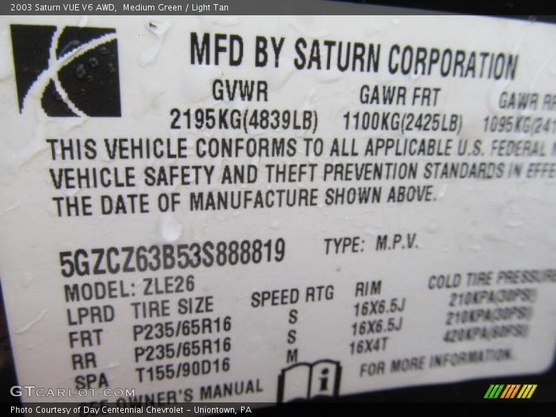 Medium Green / Light Tan 2003 Saturn VUE V6 AWD