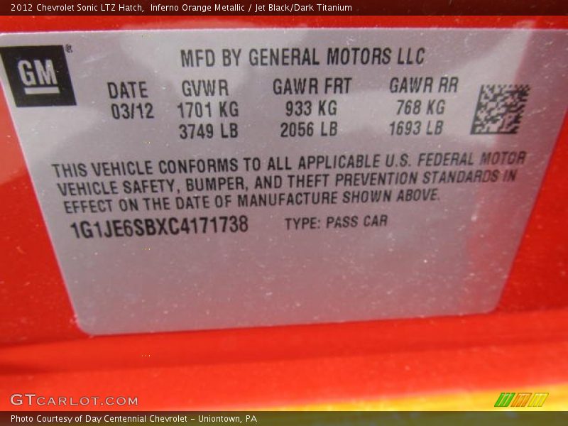 Info Tag of 2012 Sonic LTZ Hatch