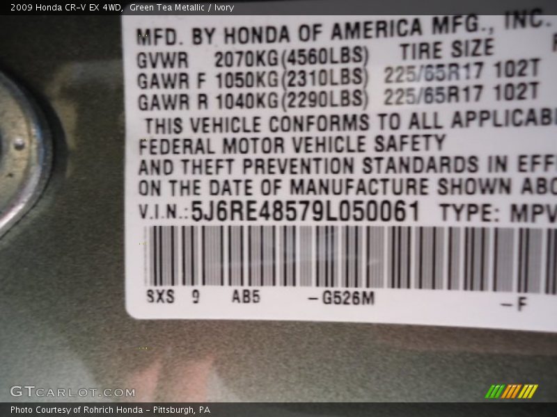 2009 CR-V EX 4WD Green Tea Metallic Color Code G526M