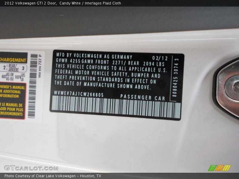 Candy White / Interlagos Plaid Cloth 2012 Volkswagen GTI 2 Door