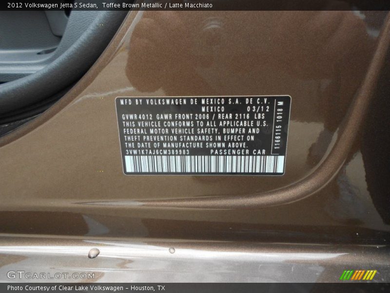 Toffee Brown Metallic / Latte Macchiato 2012 Volkswagen Jetta S Sedan