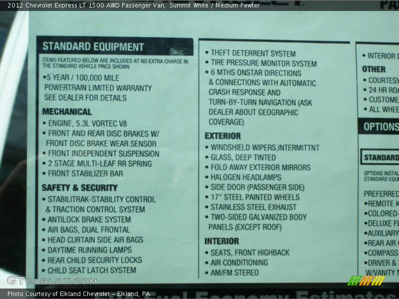  2012 Express LT 1500 AWD Passenger Van Window Sticker