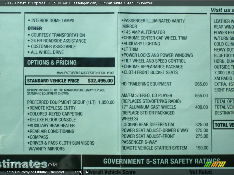  2012 Express LT 1500 AWD Passenger Van Window Sticker
