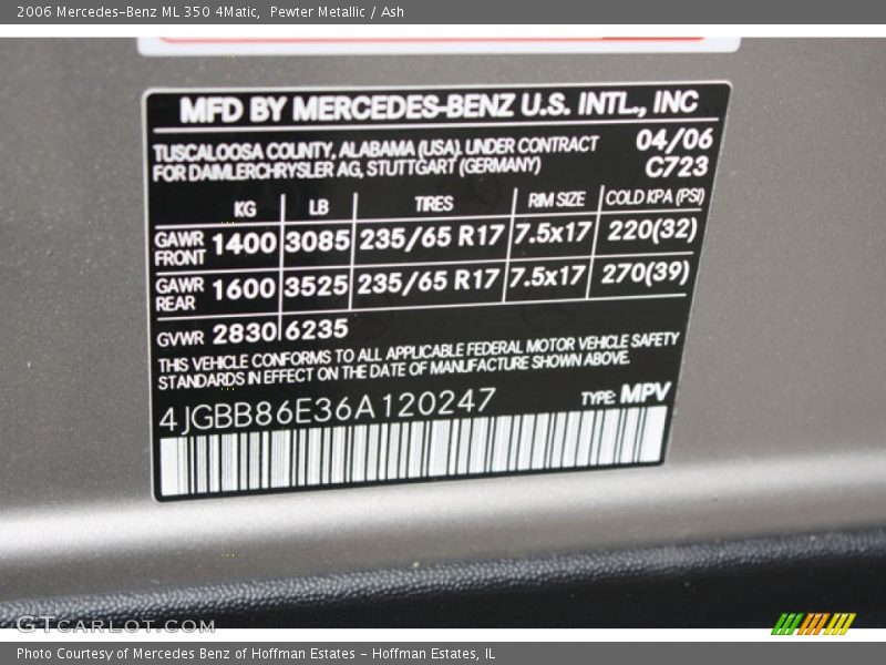 2006 ML 350 4Matic Pewter Metallic Color Code 723
