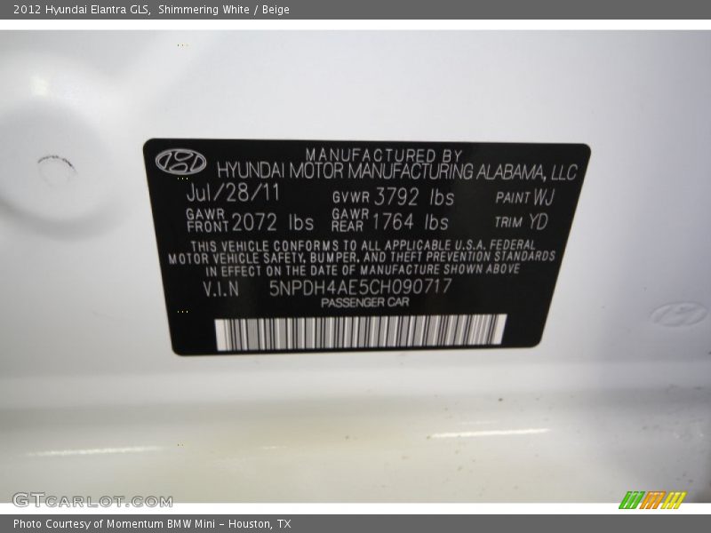 Shimmering White / Beige 2012 Hyundai Elantra GLS