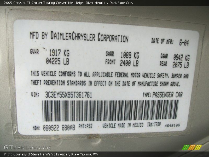 2005 PT Cruiser Touring Convertible Bright Silver Metallic Color Code PS2