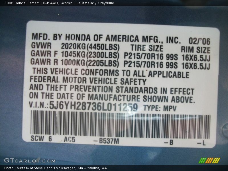 2006 Element EX-P AWD Atomic Blue Metallic Color Code B537M