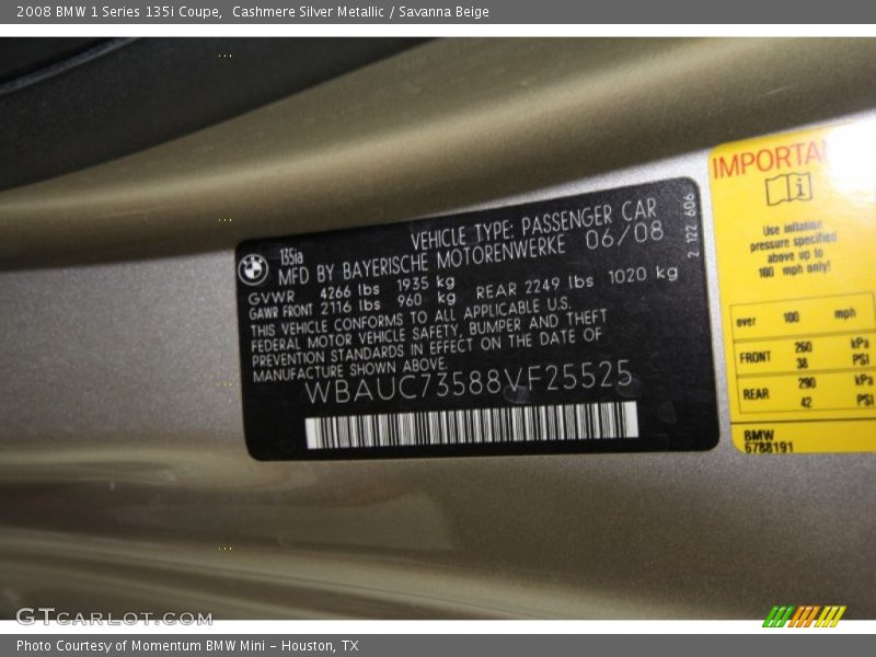 Cashmere Silver Metallic / Savanna Beige 2008 BMW 1 Series 135i Coupe